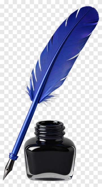 Blue Quill Pen With Ink Bottle PNG