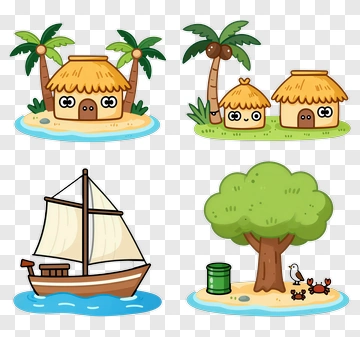 Cartoon Island Scenery With Houses And Boat PNG