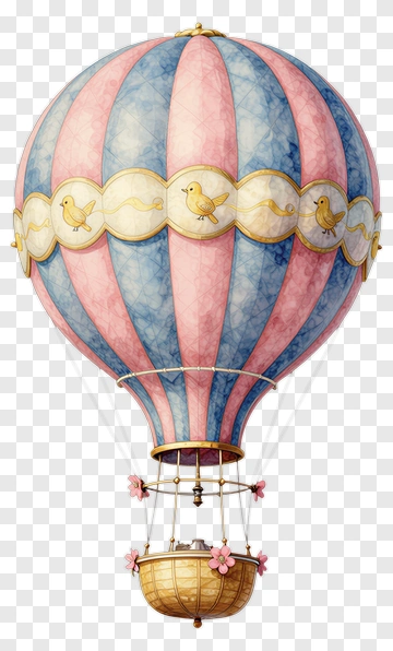 Pink And Blue Hot Air Balloon With Birds PNG