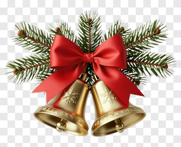 Christmas Bells With Red Ribbon And Pine Branches PNG