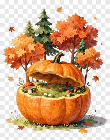 Open Pumpkin With Autumn Forest Inside PNG