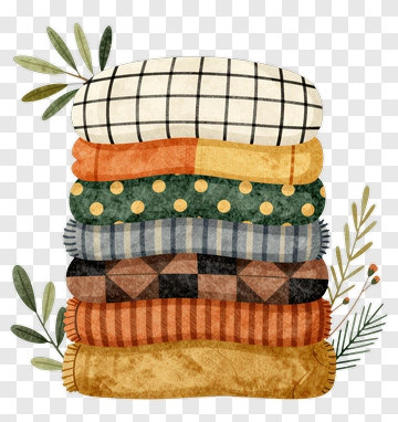 Stack Of Patterned Scarves With Leaf Accents PNG