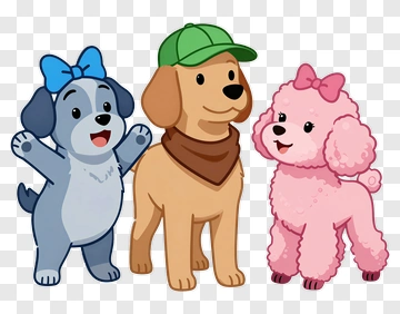 Three Cartoon Dogs With Bows And Accessories PNG