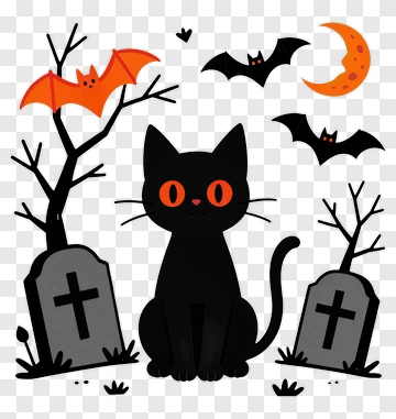 Black Cat With Bats And Moon PNG