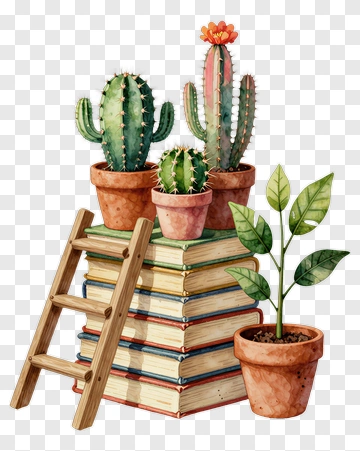 Cactus And Books With Ladder PNG