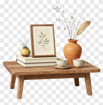 Wooden Table With Vase And Picture Frame PNG