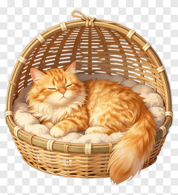 Orange Cat Sleeping In Wicker Basket PNG