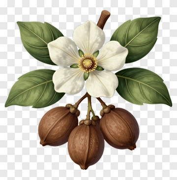 White Flower With Brown Fruit And Green Leaves PNG