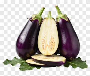 Fresh Eggplant With Slices And Leaves PNG