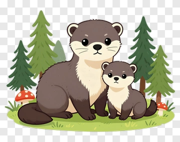 Mother And Baby Otter In Forest PNG