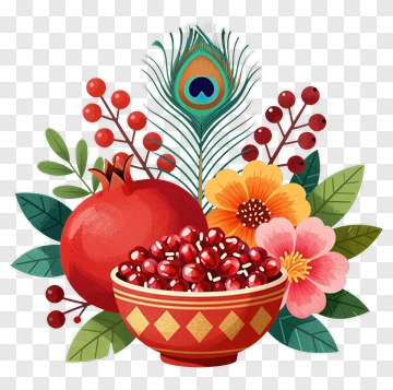 Pomegranate And Peacock Feather Arrangement PNG