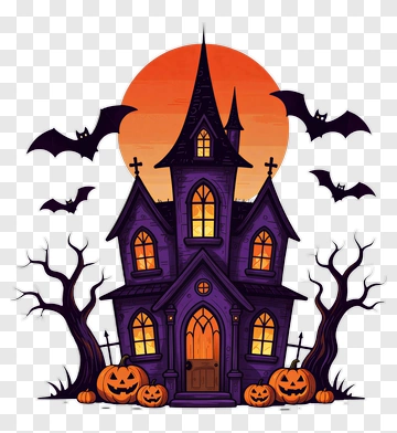 Haunted House With Jack-o'-Lanterns PNG