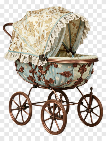 Vintage Doll Carriage With Floral Canopy PNG