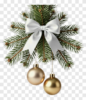 Christmas Tree Branch With Bow And Ornaments PNG