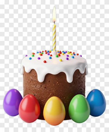 Birthday Cake With Candle And Colorful Eggs PNG