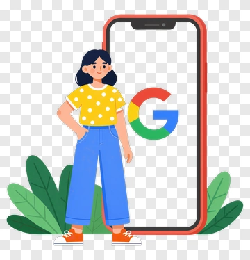 Woman Standing Next To Google Logo On Phone PNG