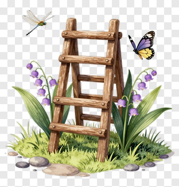 Wooden Ladder With Dragonfly And Butterfly PNG