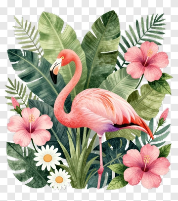 Pink Flamingo Among Tropical Flowers PNG