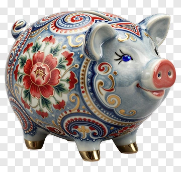 Decorative Ceramic Piggy Bank With Floral Pattern PNG