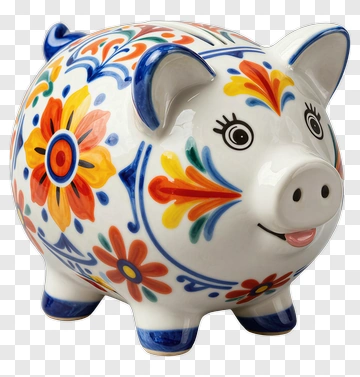 Colorful Ceramic Piggy Bank With Floral Design PNG