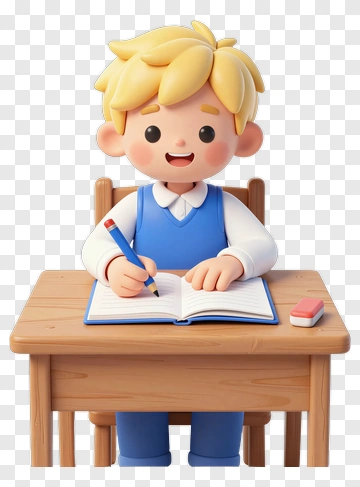 Happy Cartoon Student Writing At Desk PNG