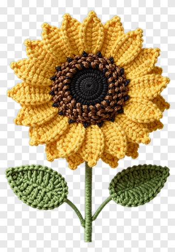 Crochet Sunflower With Green Leaves PNG