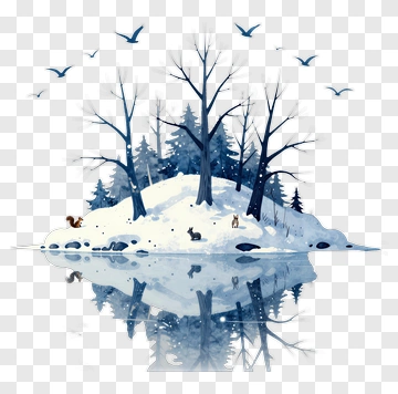Snowy Island With Bare Trees And Birds PNG