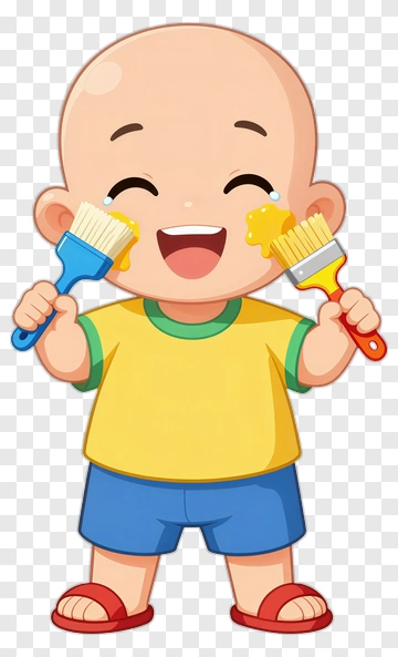 Joyful Child Holding Paintbrushes PNG