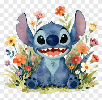 Happy Stitch Among Flowers PNG