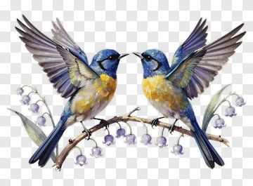 Two Blue And Yellow Birds On A Branch PNG