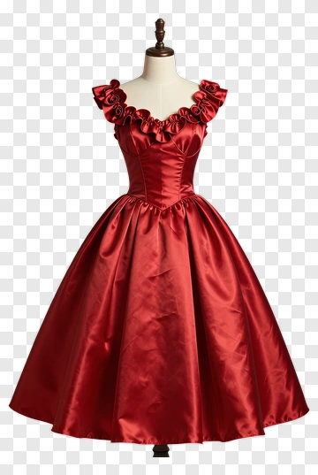 Red Satin Evening Dress With Ruffled Shoulder PNG