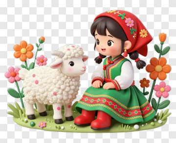 Girl With Sheep In Floral Garden PNG