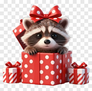 Raccoon In Gift Box With Bow PNG