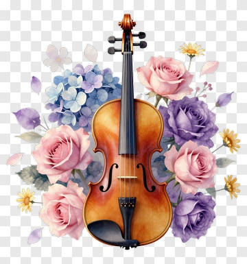 Violin Surrounded By Blooming Flowers PNG