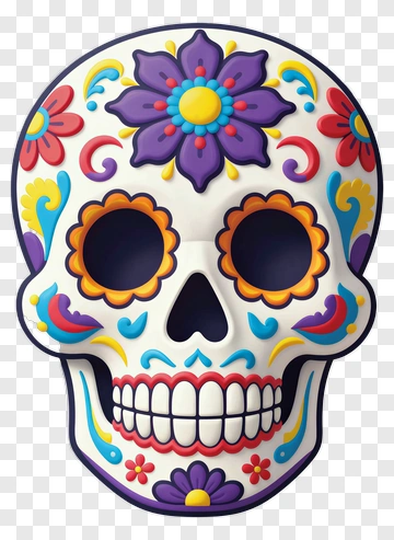 Colorful Sugar Skull With Floral Decorations PNG