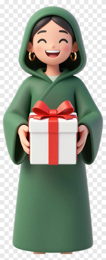 Smiling Woman In Green Hoodie Holding Gift PNG