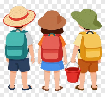 Three Children With Backpacks And Hats PNG