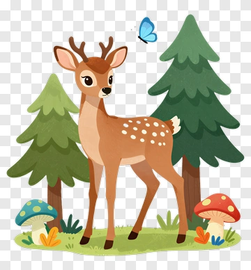 Cute Deer With Butterfly And Mushrooms PNG