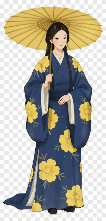Woman In Blue Kimono With Yellow Umbrella PNG