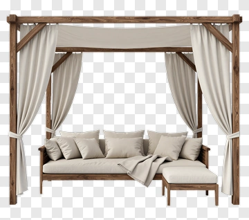 Canopy Bed With Wooden Frame And Curtains PNG