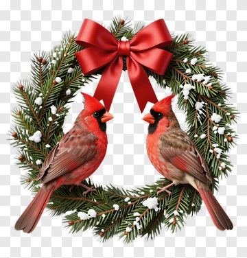 Two Cardinal Birds On Christmas Wreath PNG