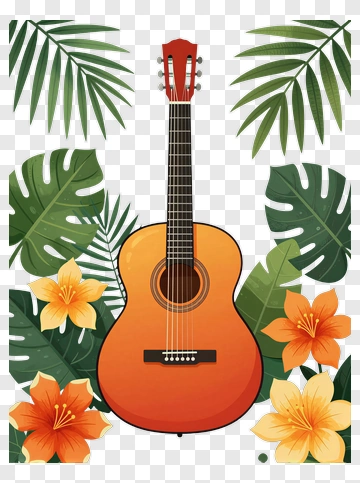Acoustic Guitar Among Tropical Plants PNG