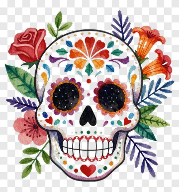Watercolor Skull With Flowers PNG