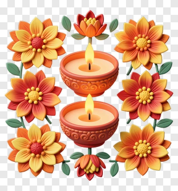 Diya With Yellow And Orange Flowers PNG