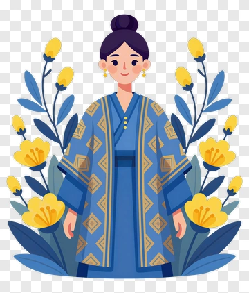 Woman In Traditional Blue Dress With Yellow Flowers PNG
