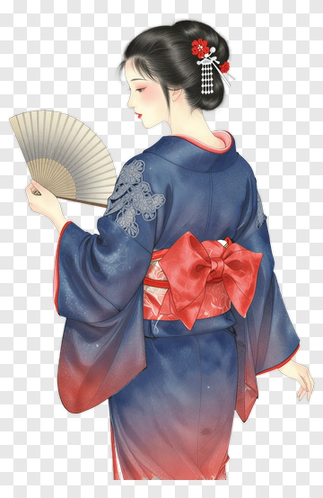 Geisha In Blue Kimono Holding Fan PNG