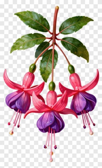 Fuchsia Flower With Green Leaves PNG