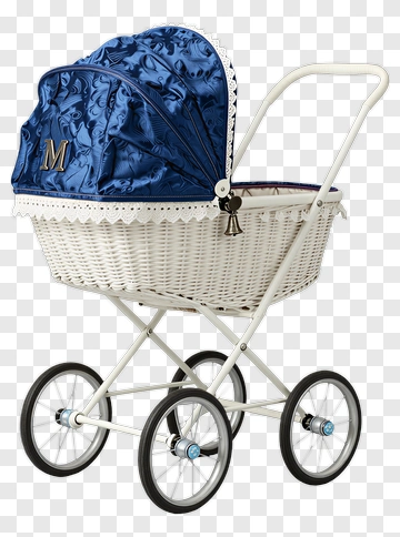 Classic Wicker Baby Carriage With Blue Canopy PNG