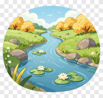 River With Water Lilies And Lily Pads PNG