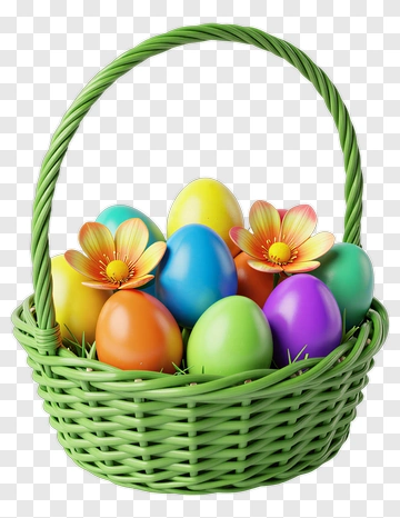Easter Basket With Colorful Eggs And Flowers PNG